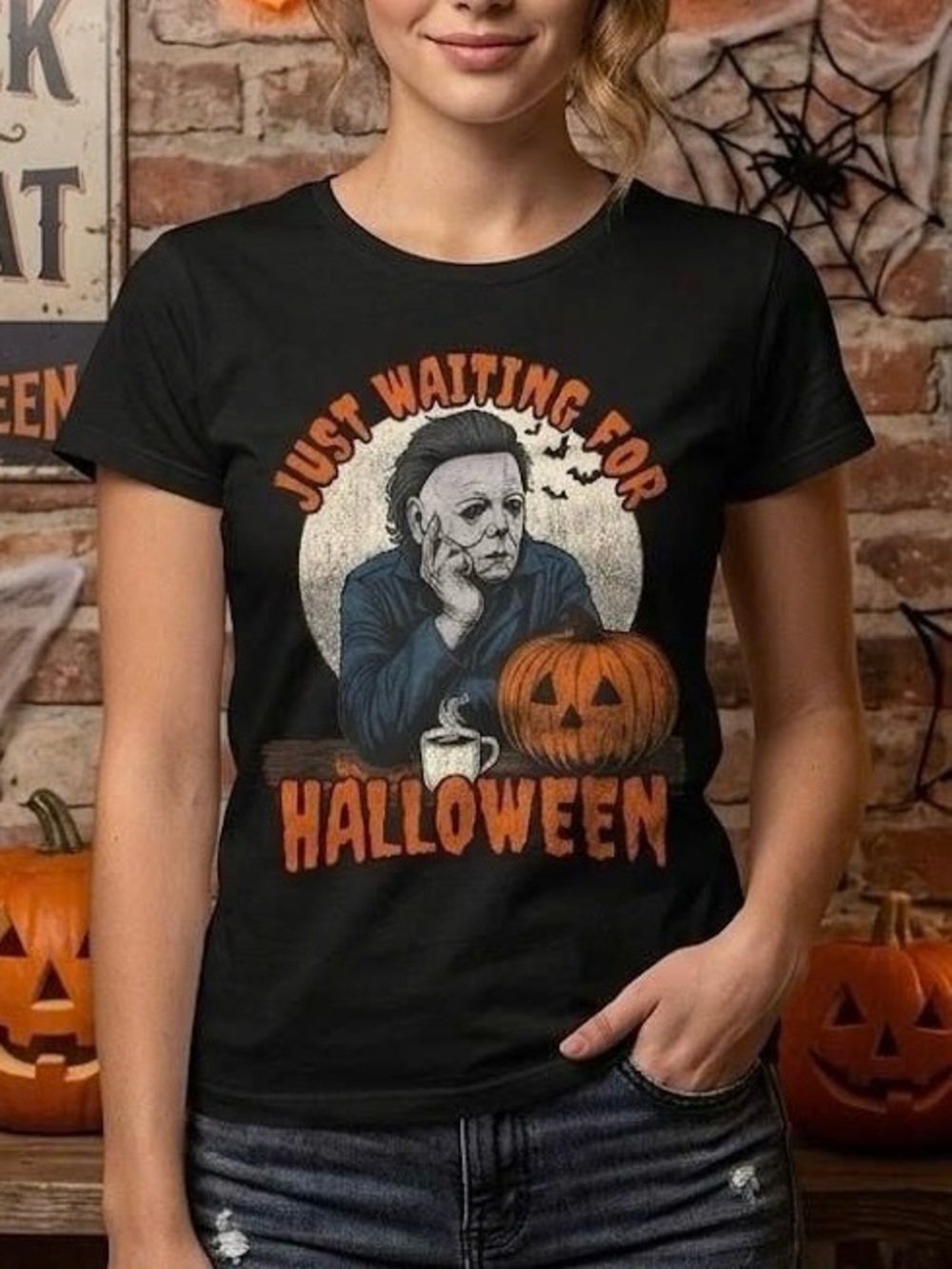 NWT Just Waiting For Halloween Michael Myers Graphic T-Shirt Black Coffee Tee